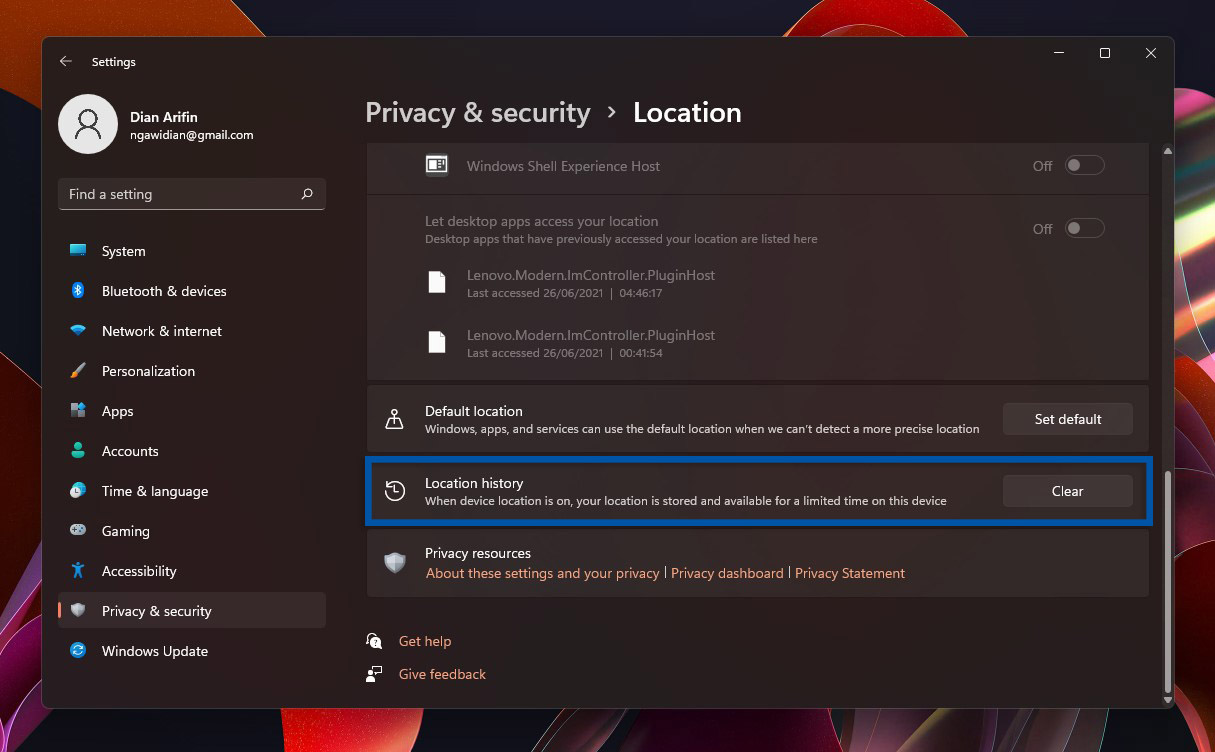 3 Klik Clear untuk menghapus riwayat lokasi