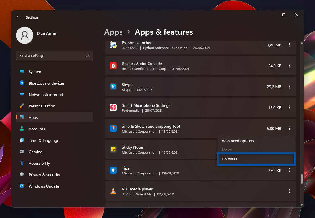 3 Pilih aplikasi yang ingin dihapus