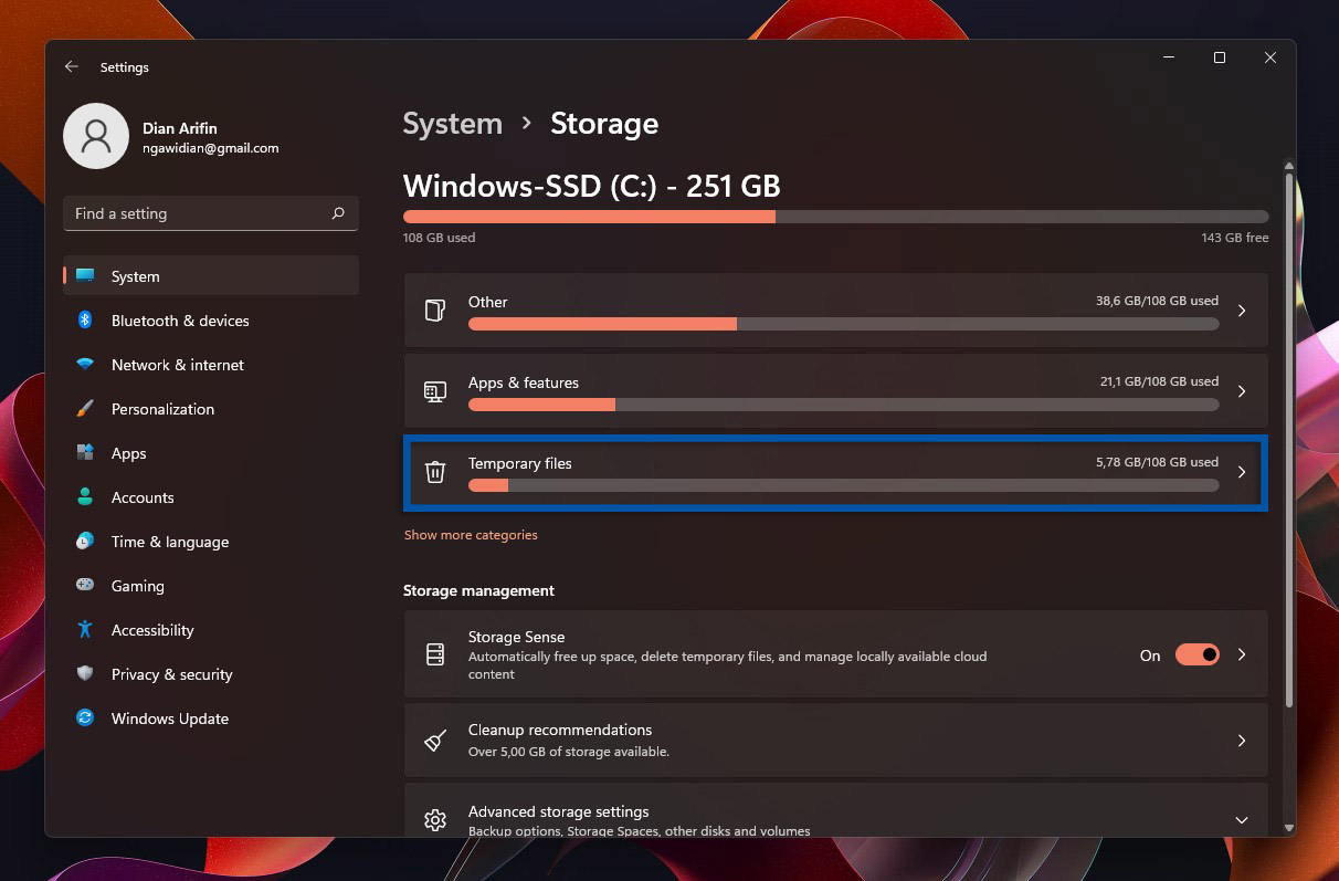 3 Pilih fitur Temporary files Windows 11