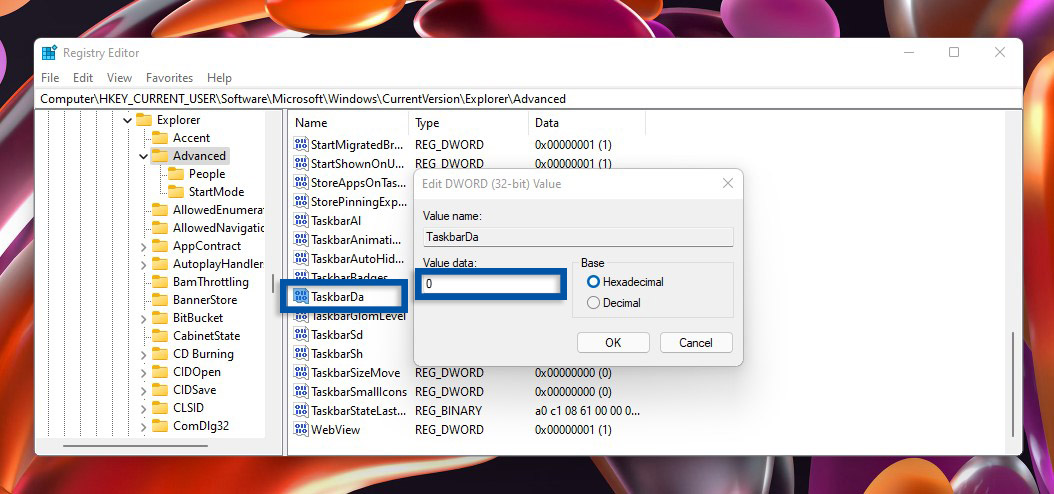 3 Ubah nilai TaskbarDa menjadi 0
