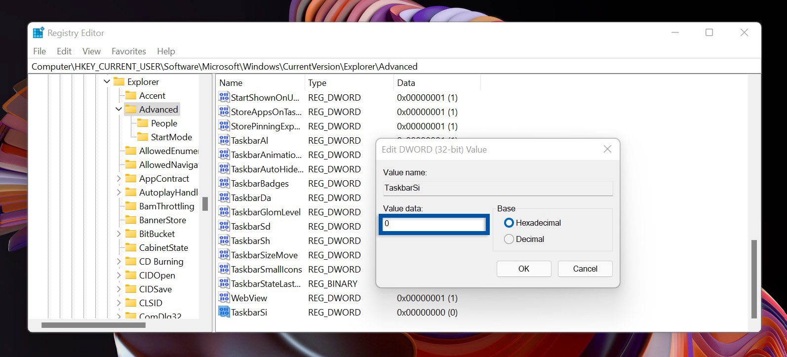 5 Ubah nilai dari TaskbarSi