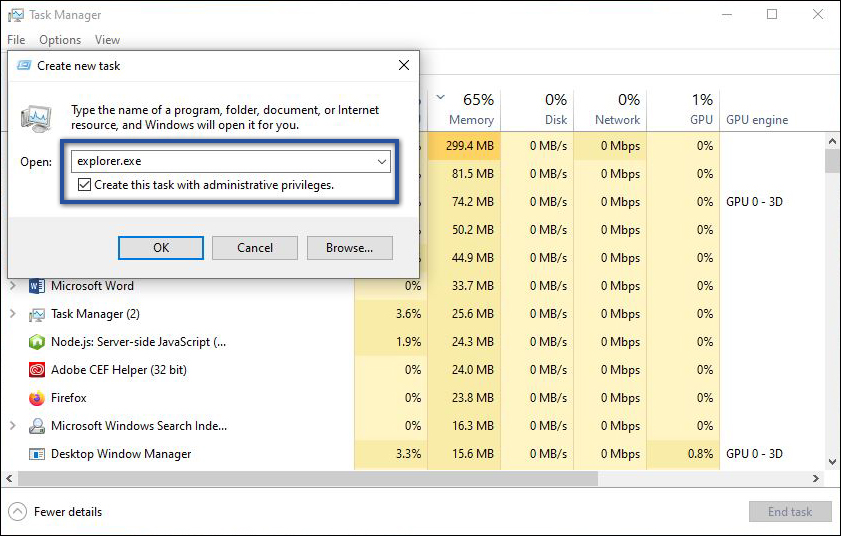 Run New Task Windows Explorer