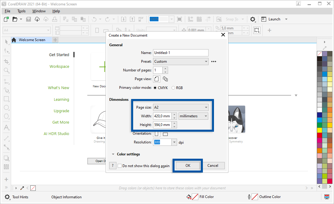 2 Atur ukuran dokumen A2 CorelDraw