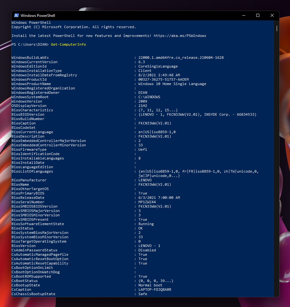 2 Informasi perangkat Get-ComputerInfo