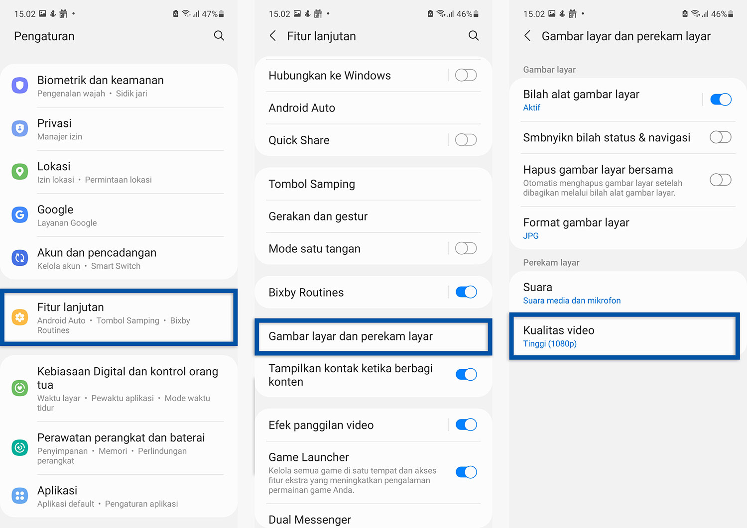 Atur kualitas video rekaman Samsung