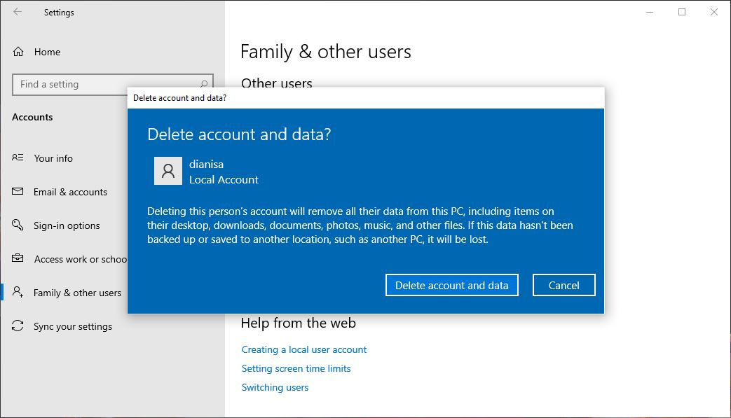 Menghapus akun Windows