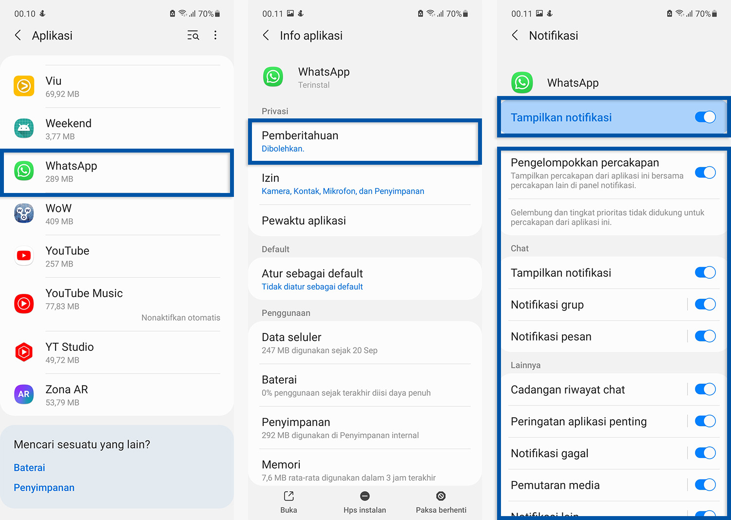 Cek perizinan notifikasi WhatsApp