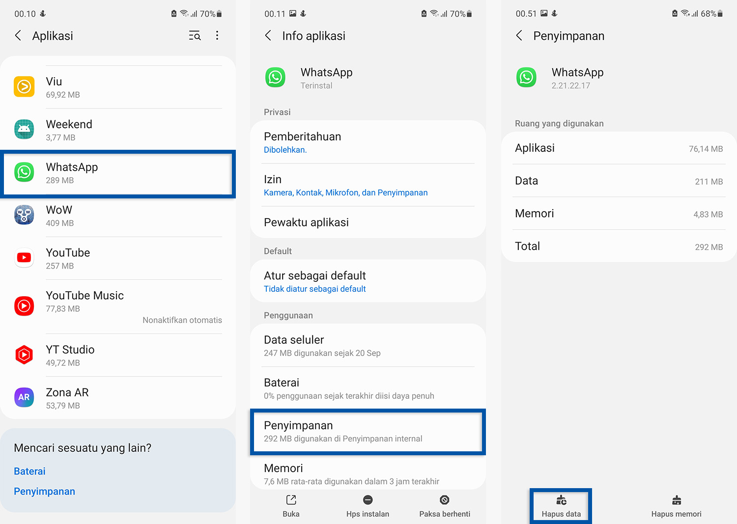 Hapus data aplikasi WhatsApp Samsung