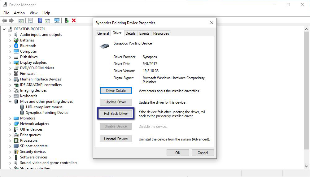 Roll Back Driver Touchpad