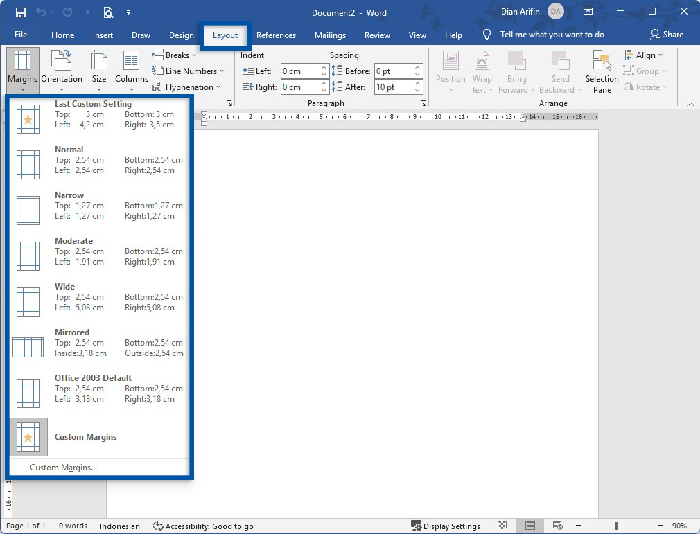 2 Klik Margins Microsoft Word