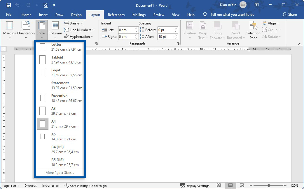 2 Klik Size Microsoft Word