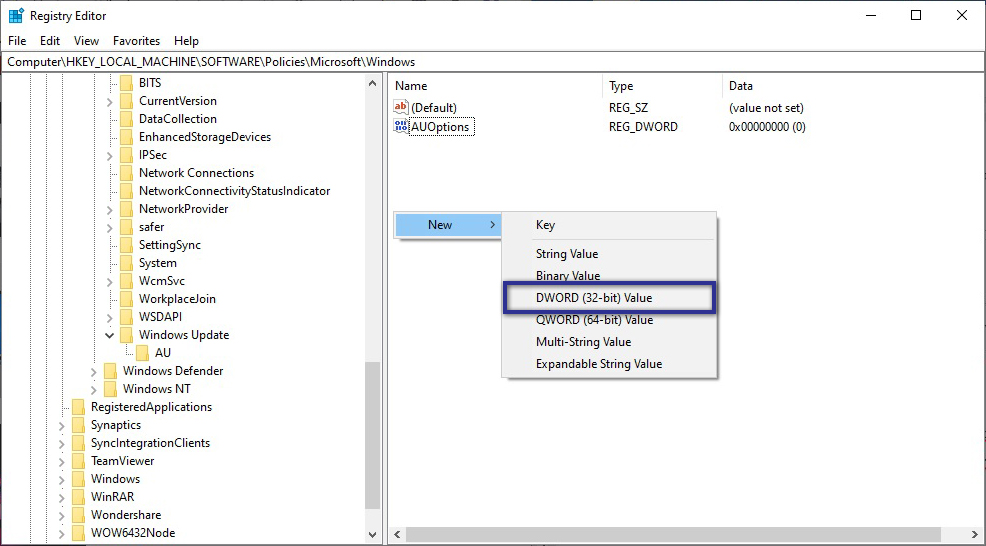 AUOptions Registry Editor
