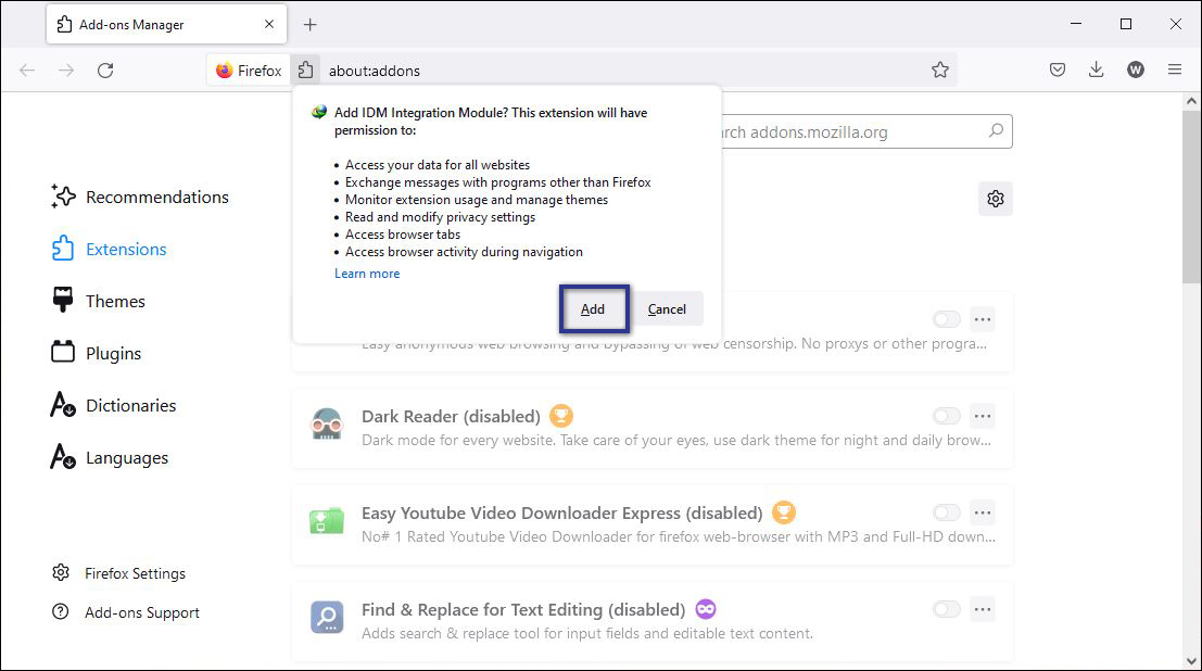 Add IDM di Mozilla Firefox