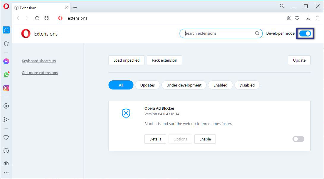 Aktifkan Developer Mode Opera