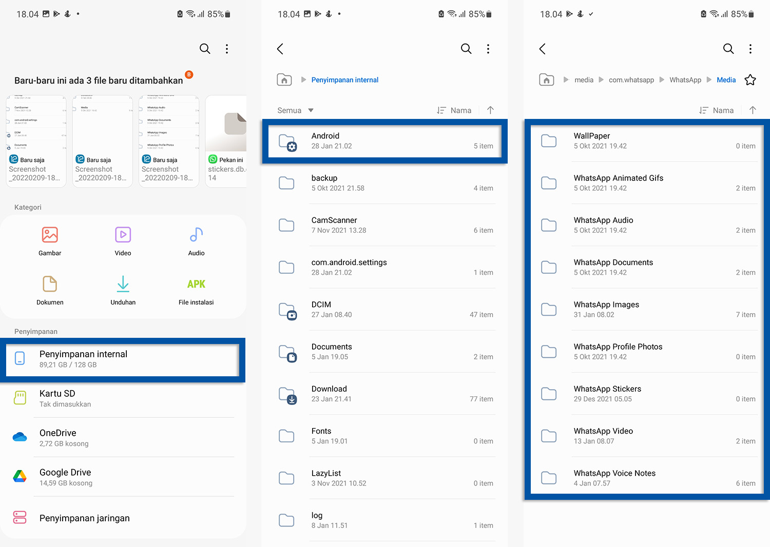 Bersihkan file WhatsApp melalui File Manager