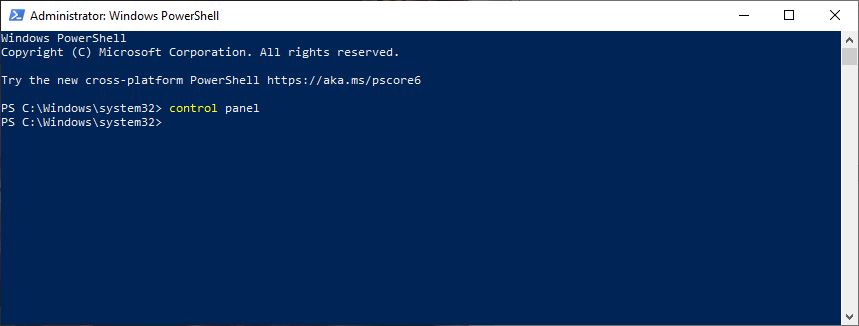 Control Panel Lewat PowerShell