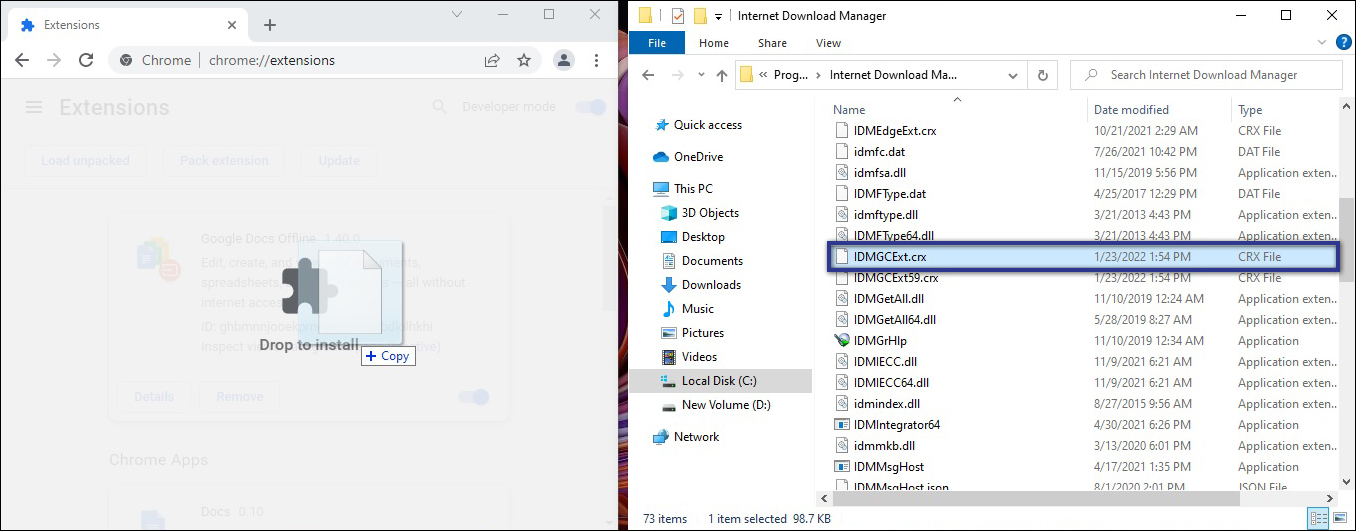 Drag & Drop File IDMGCExt ke Chrome