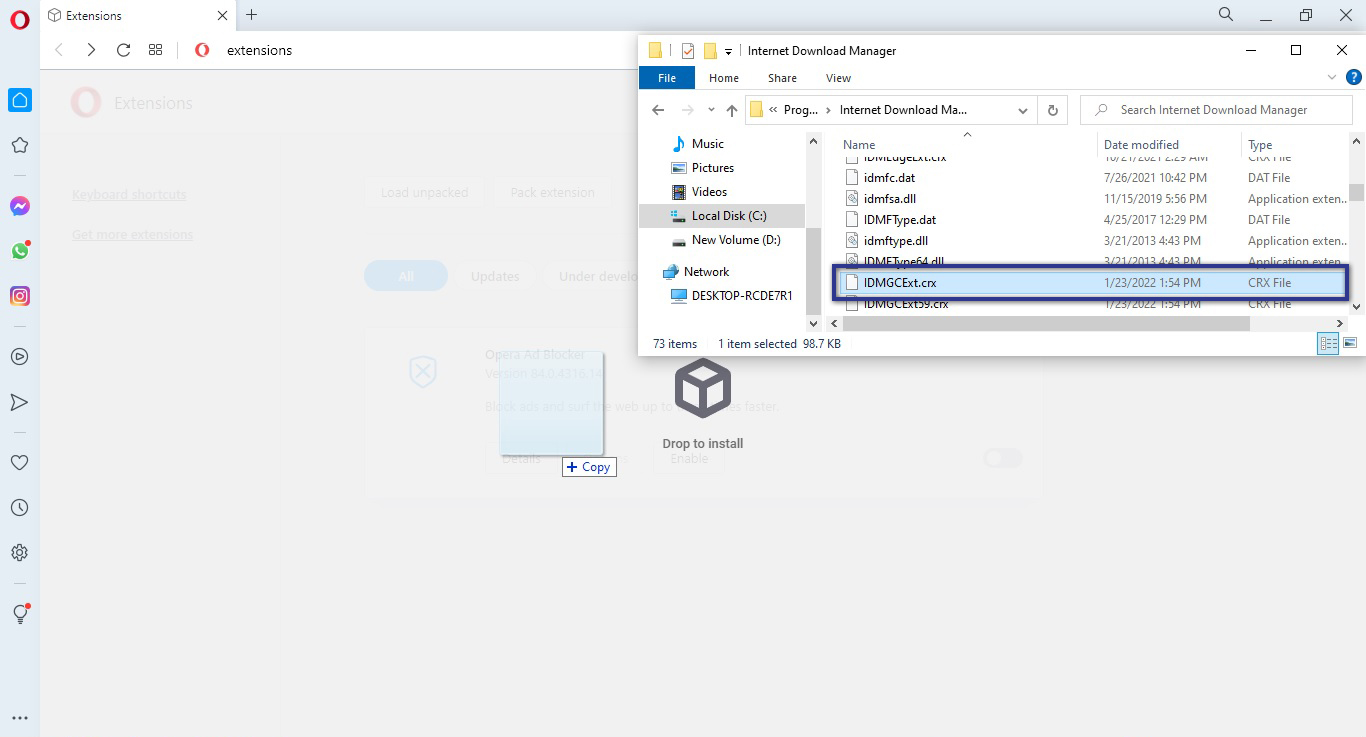 Drag & Drop File IDMGCExt ke Opera
