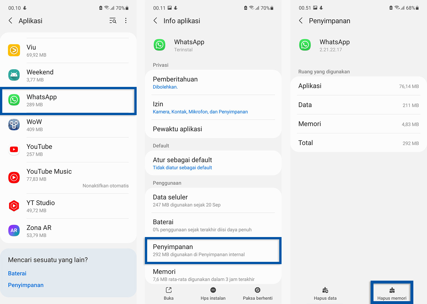 Hapus cache aplikasi WhatsApp
