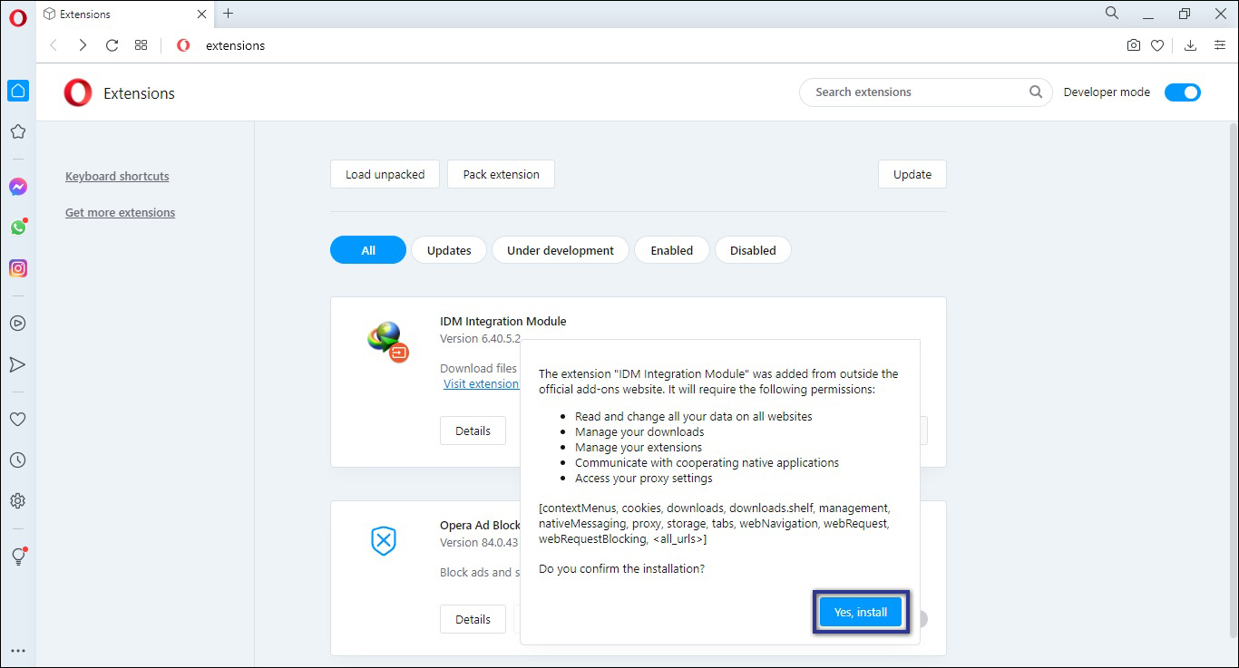 Mengaktifkan IDM di Opera