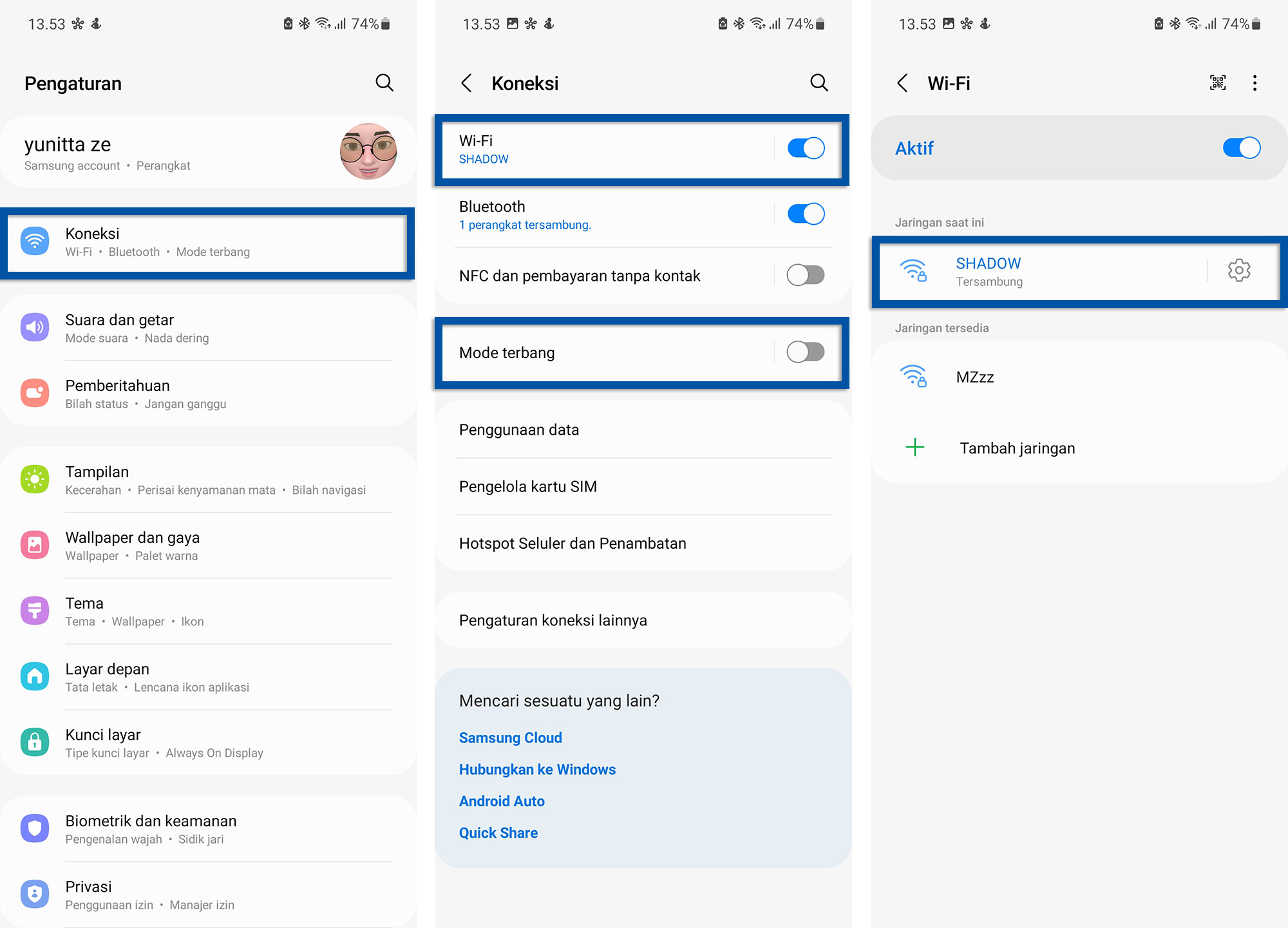 Periksa pengaturan jaringan HP Samsung