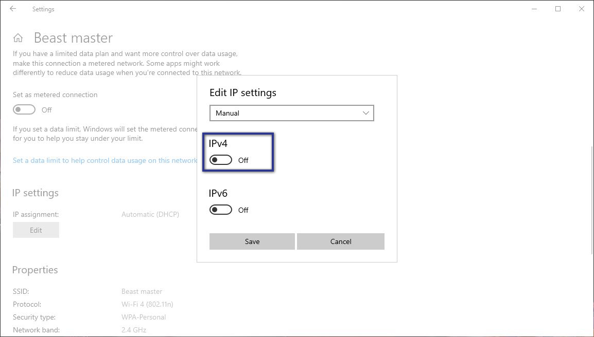 Geser Toggle IPv4 menu Settings