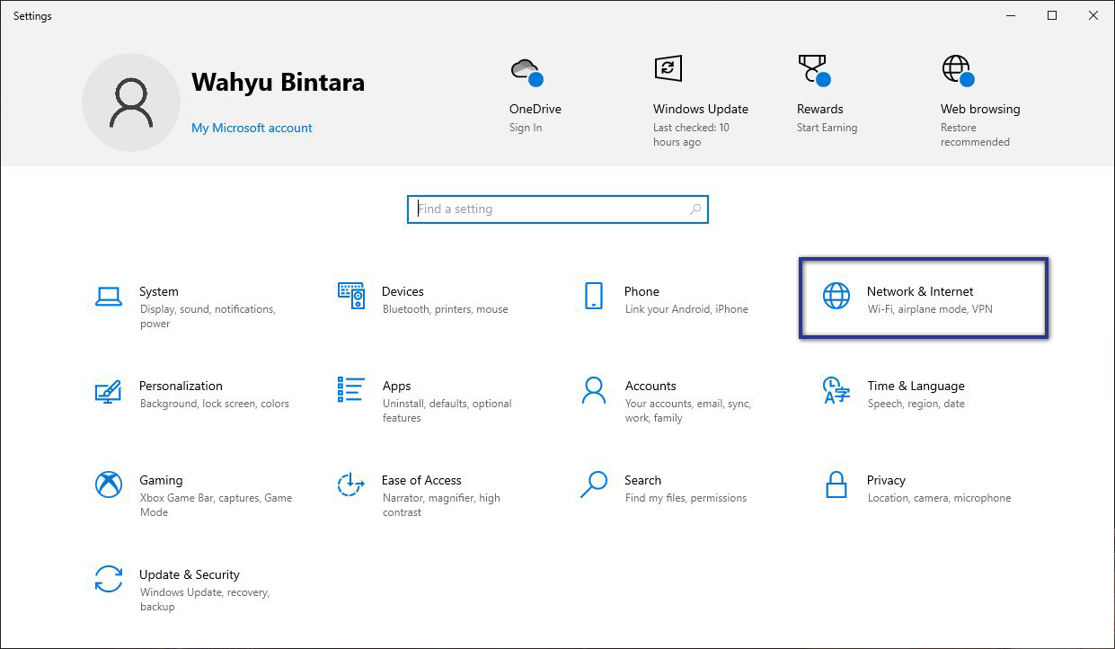 Network & Internet menu Settings