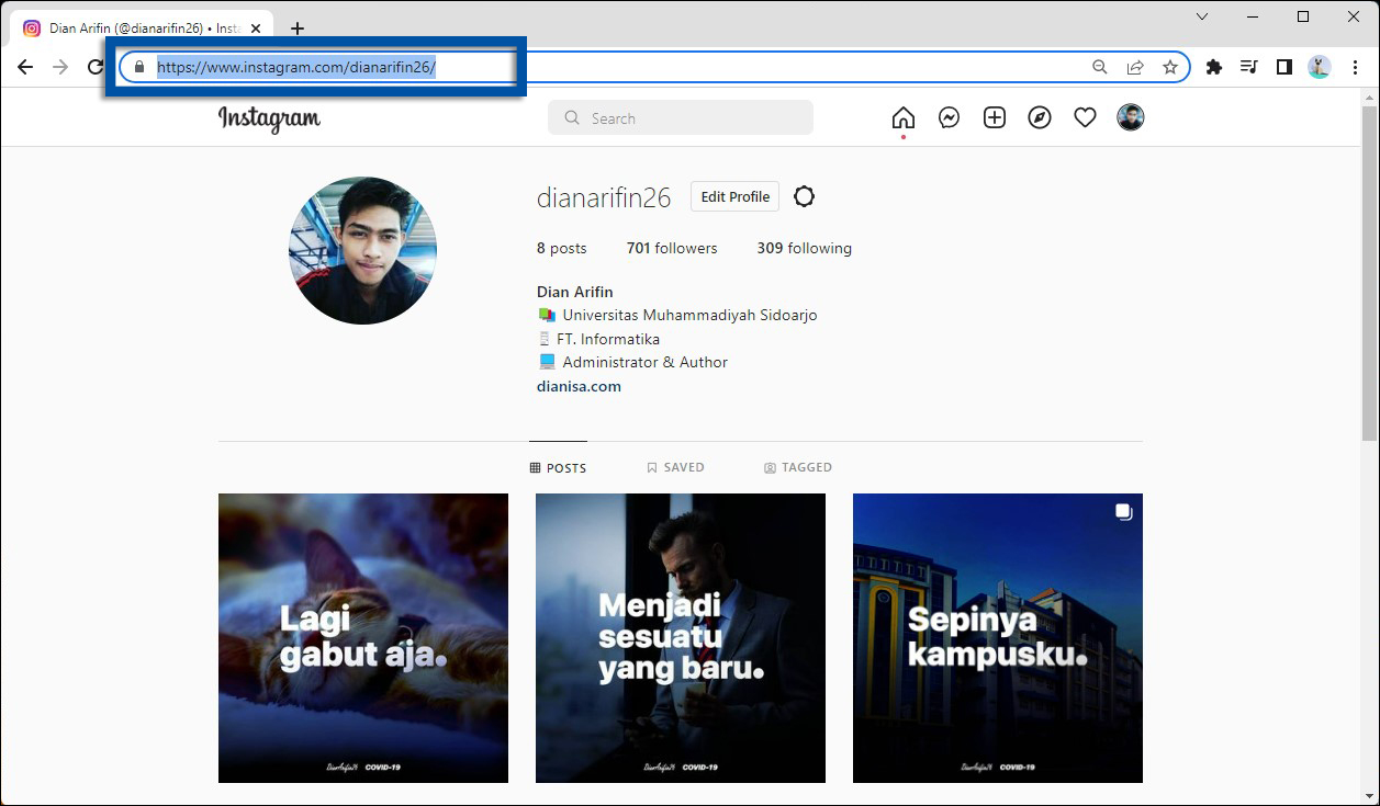 Salin URL Instagram dari browser PC