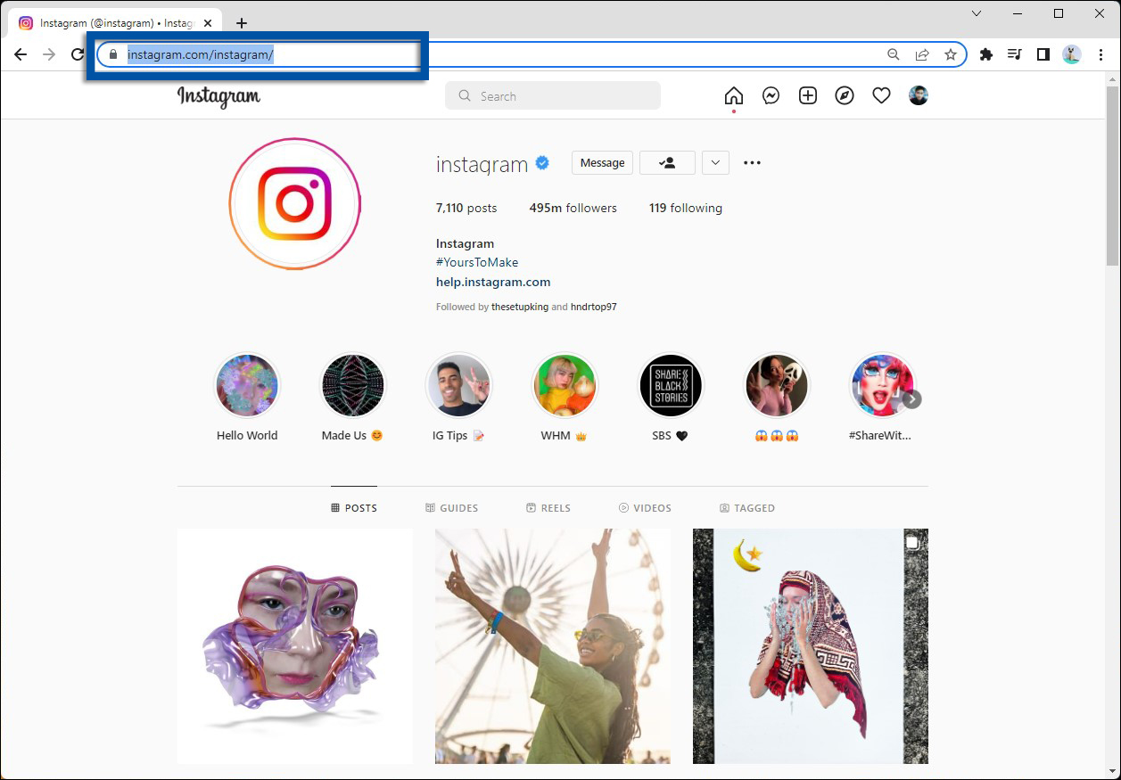 Salin URL Instagram orang lain browser PC