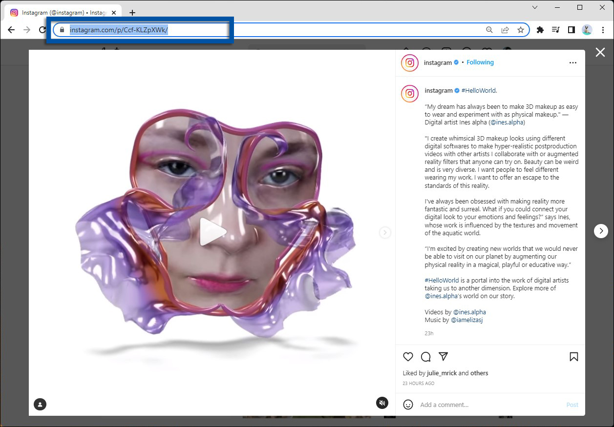Salin URL foto dan video Instagram dari browser PC