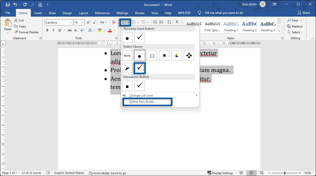 1 Atur Bullet ke simbol ceklis