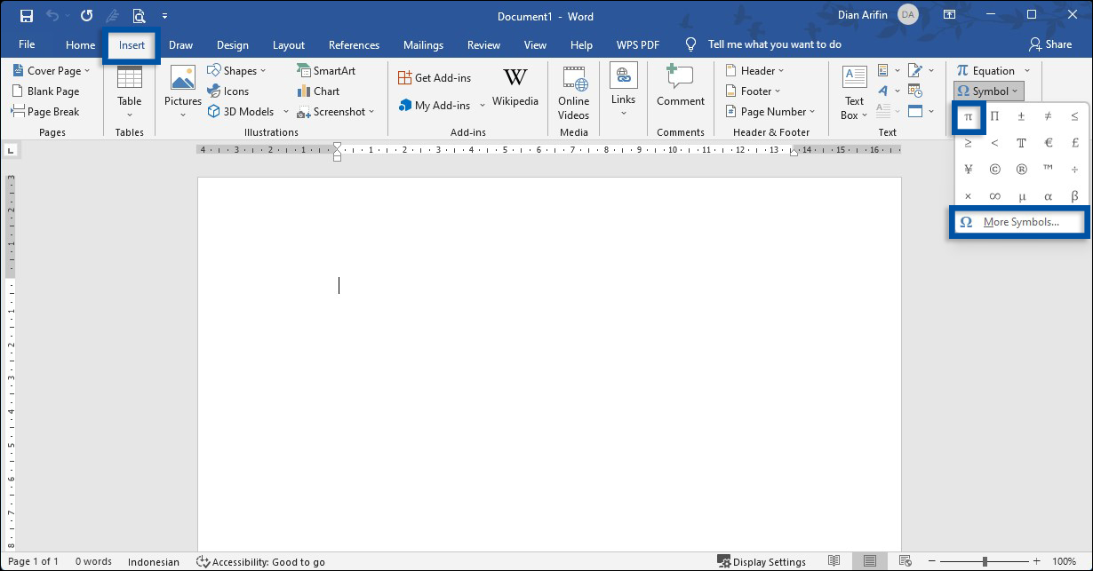 1 Buka fitur Symbol Microsoft Word