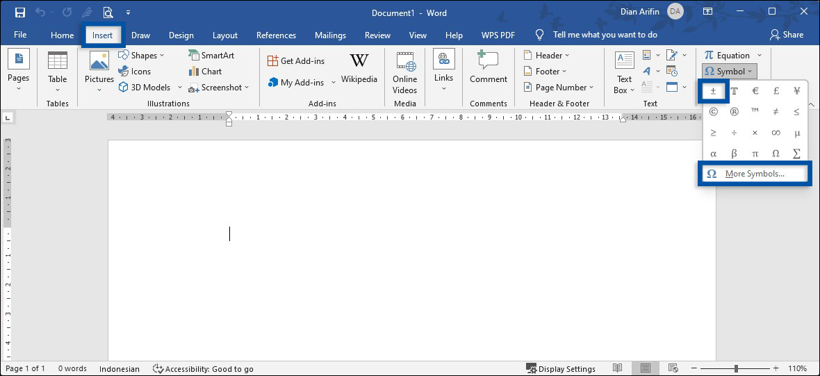 1 Pilih fitur Symbol Microsoft Word