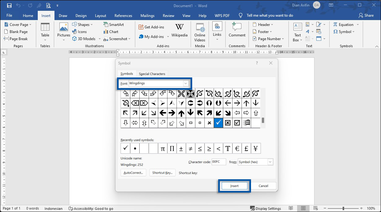 2 Membuat simbol centang di Word