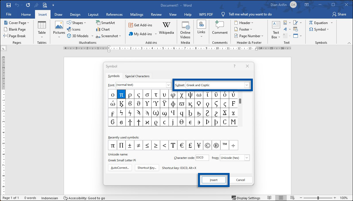 2 Pilih Simbol Pi Microsoft Word