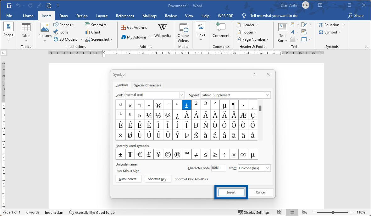2 Pilih simbol kurang lebih Microsoft Word