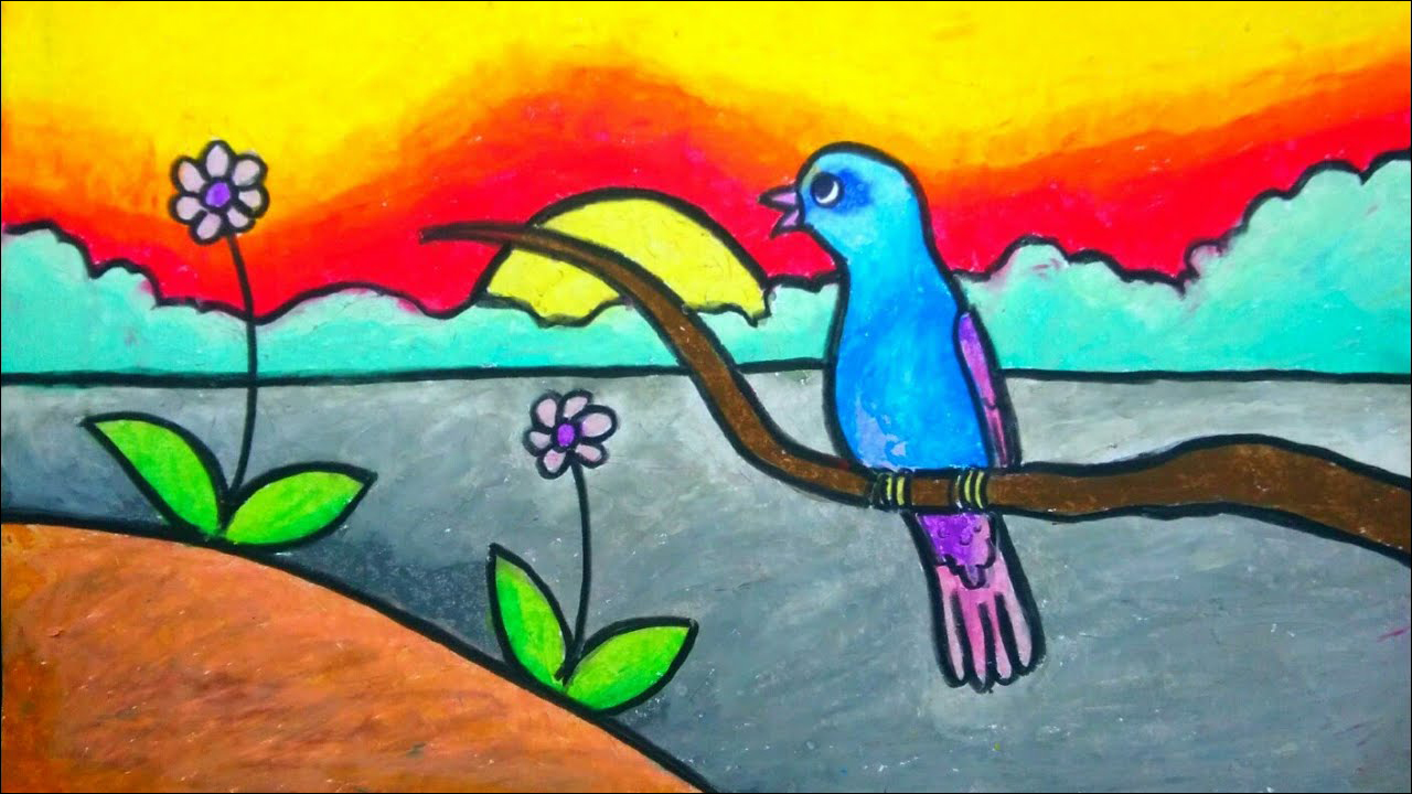 11 Menggambar fauna seekor burung bertengger di tangkai pohon, berwarna elok, mudah