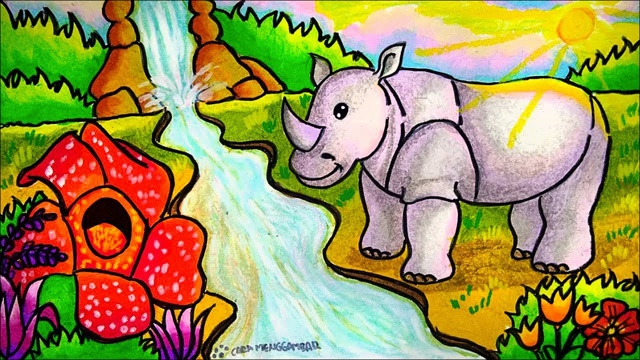 13 Badak hewan yang gagah di tepi sungai hutan yang penuh warna