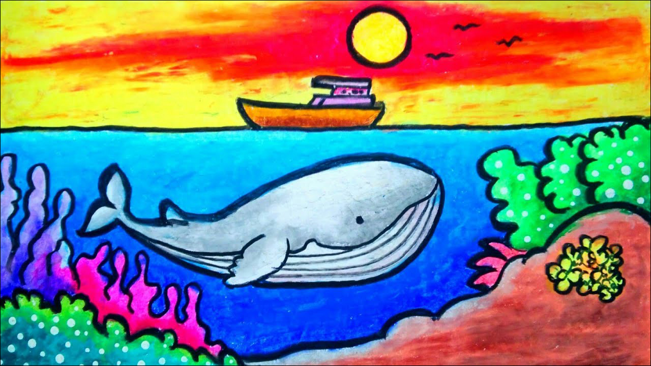 18 Paus berenang di tengah laut, dengan pemandangan langit sore dan kapal berlayar