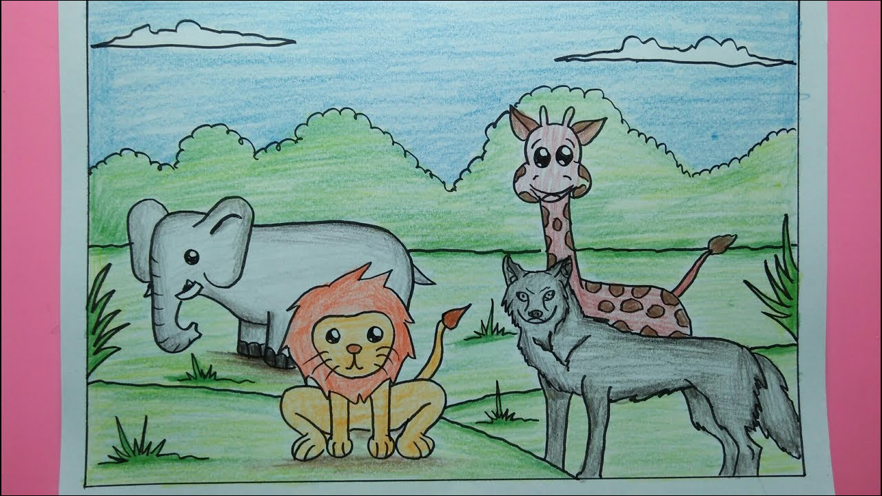 27 Menggambar beragam fauna di padang rumput hijau, mudah dan menarik