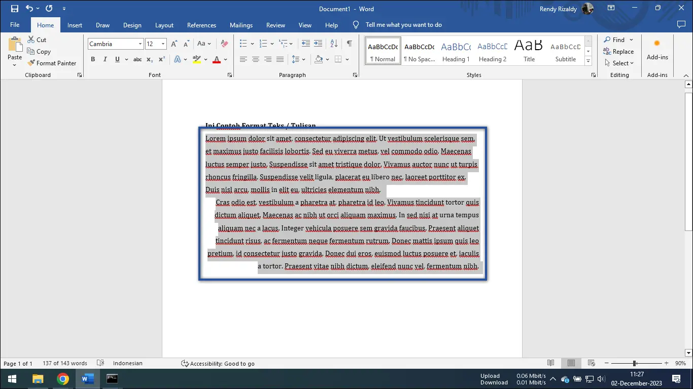 2. Blok teks yang diubah ke Justify