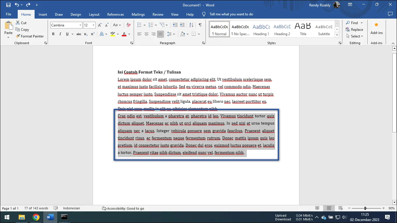 2. Blok teks yang diubah ke rata Kanan
