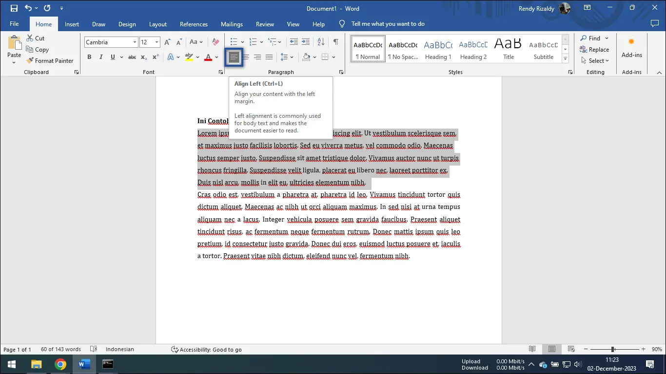 3. Klik ikon Align Left Microsoft Word