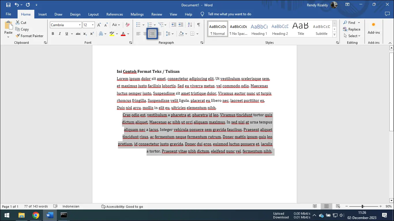 3. Klik ikon Align Right Microsoft Word