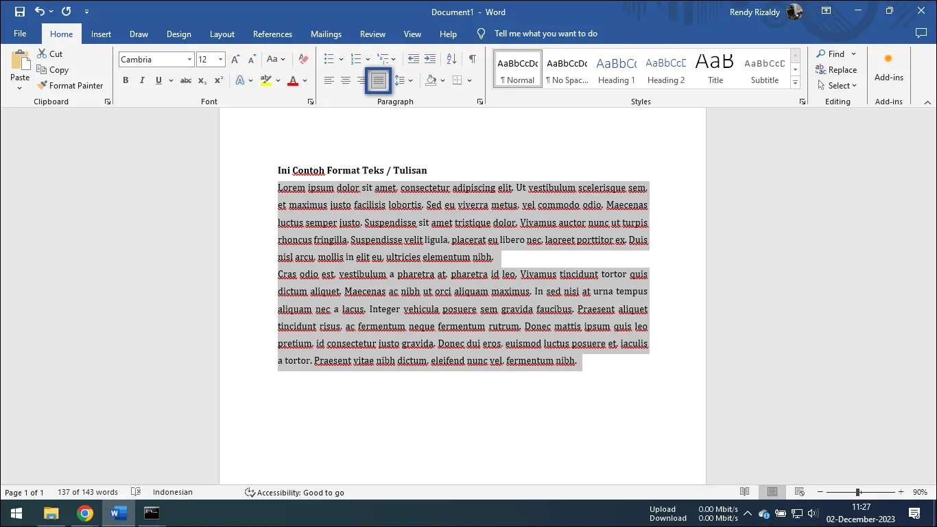 3. Klik ikon Justify Microsoft Word
