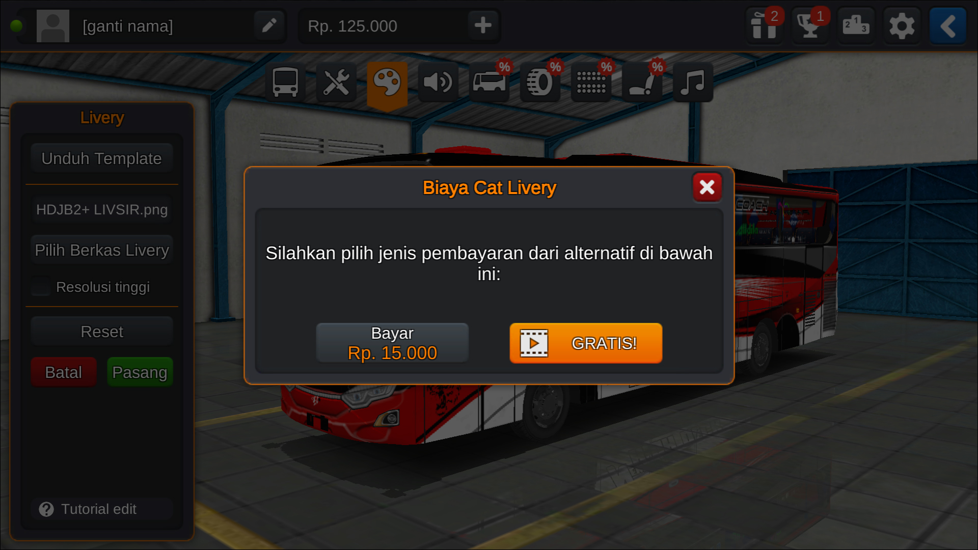 Langkah 7 Opsi pemasangan Livery Bussid Pariwisata