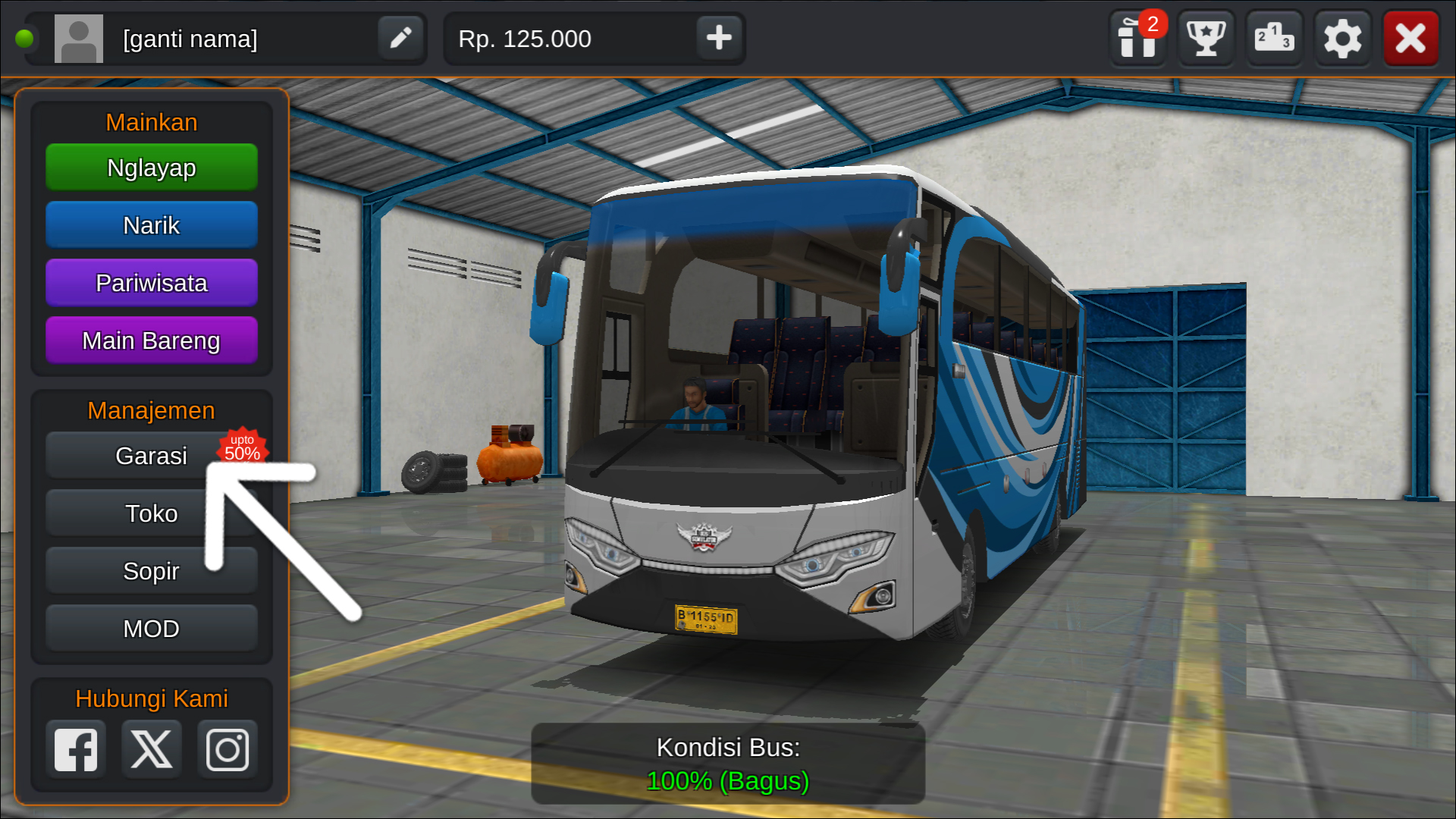 Langkah 1 Tekan menu Garasi - Livery Bussid Anime