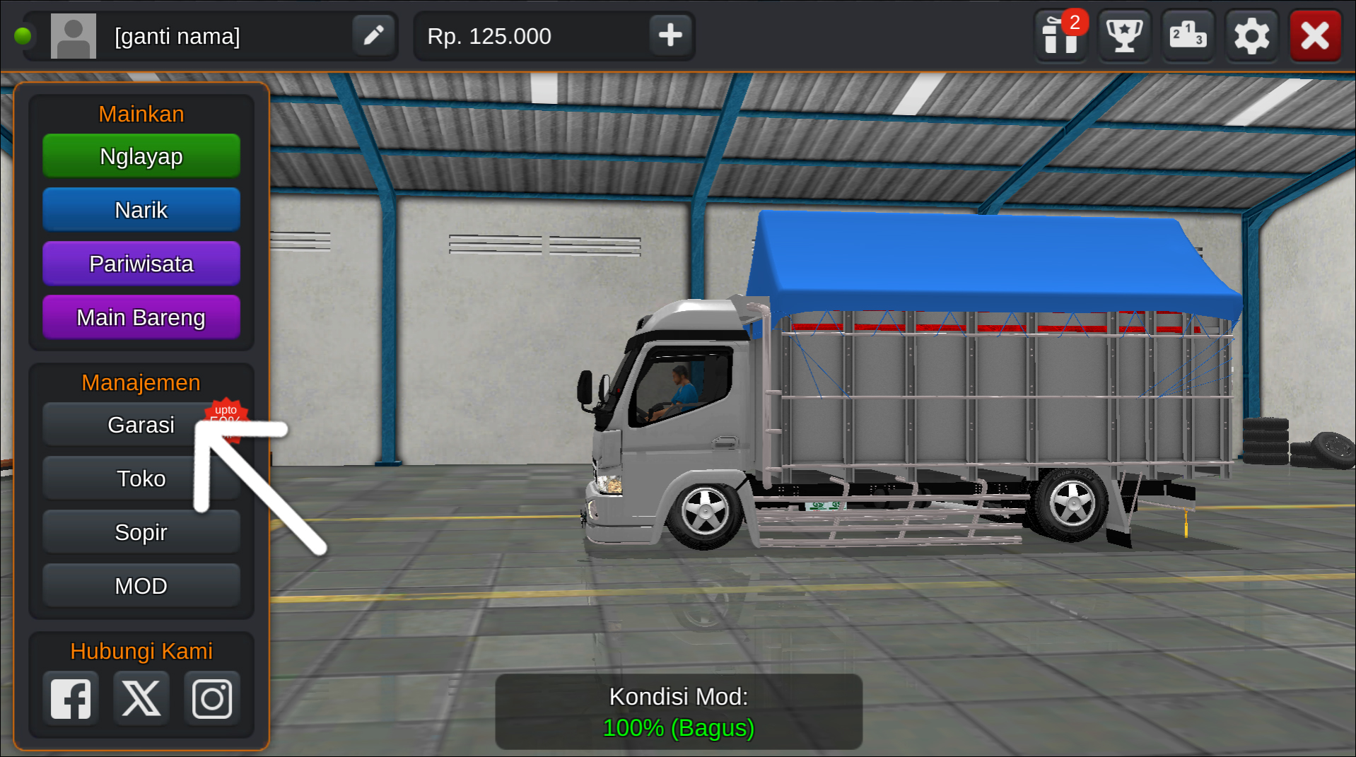 Langkah 1 Tekan menu Garasi - Livery Bussid Truck Canter