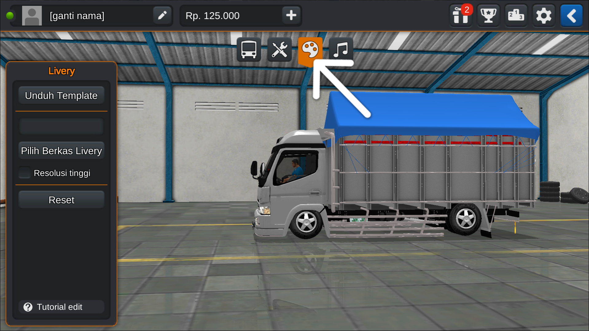 Langkah 2 Tekan ikon Palet Warna - Livery Bussid Truck Canter