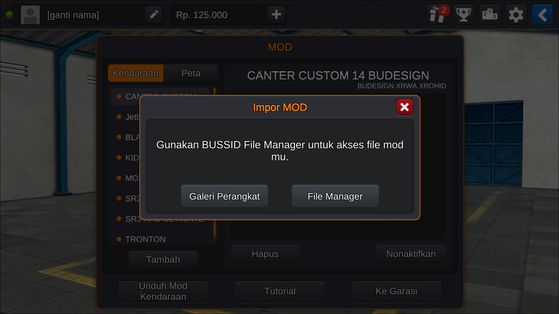 Langkah 3 Memilih tempat berkas penyimpanan MOD - Livery BUSSID Truck Canter